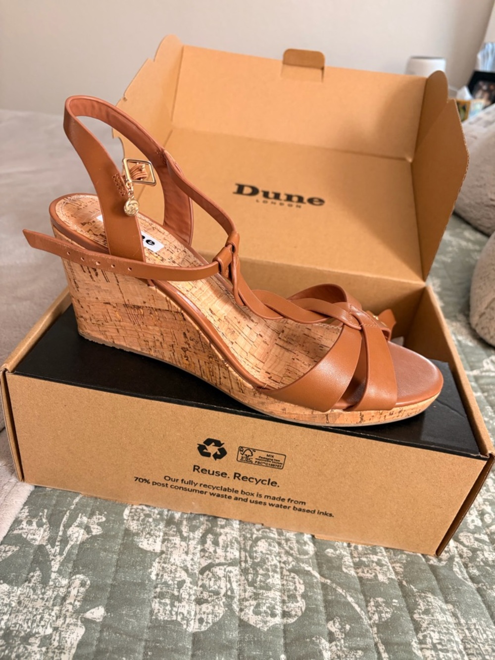 Dune London Tan Cork Wedge Sandals